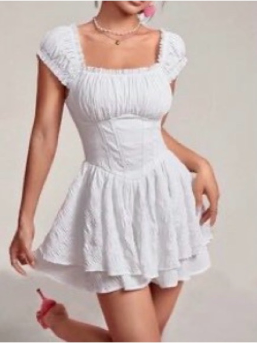 SHEIN White Square-Neck Short Layered Ruffle Dress